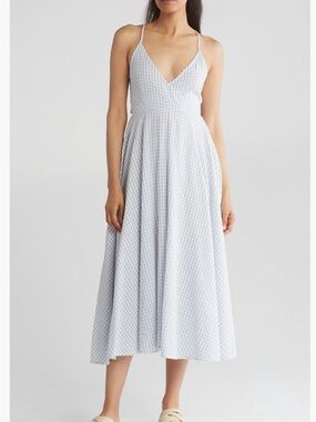 NWOT lovestitch Nordstrom Blue Seaside Gingham Cross-Back Midi Dress Medium